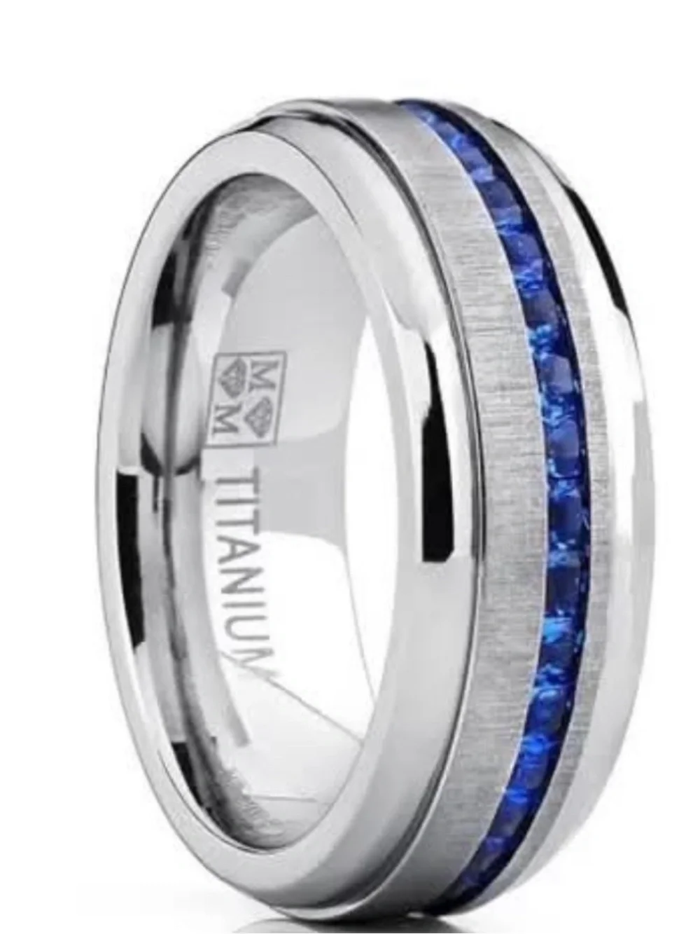 NWT-Men's 2.4Ct Eternity Princess Titanium Wedding Band Simulated Sapphire Blue